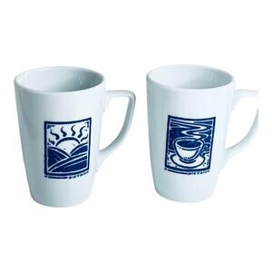 Sunrise Sunset Coffee Cup Set 2 Caffe Porcelain Poland Blue White Dietrich Vtg
